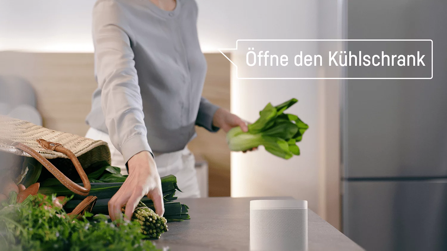Frau mit vollem Einkaufskorb auf Küche spricht mit Smart Home Kühlschrank