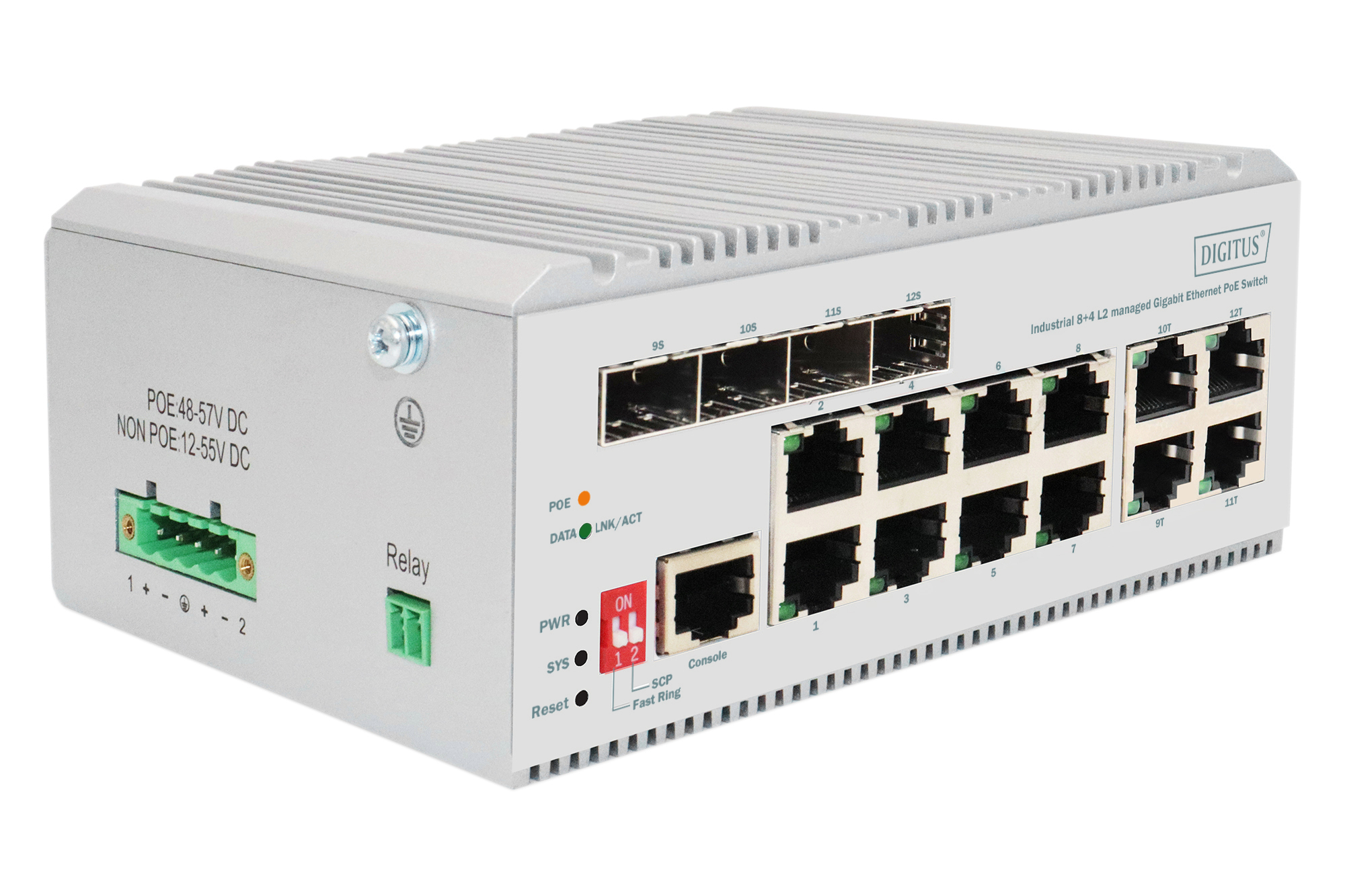 Digitus 8 Port Gigabit Ethernet Netzwerk PoE Switch, Industrial, L2 managed, 4 SFP Uplink