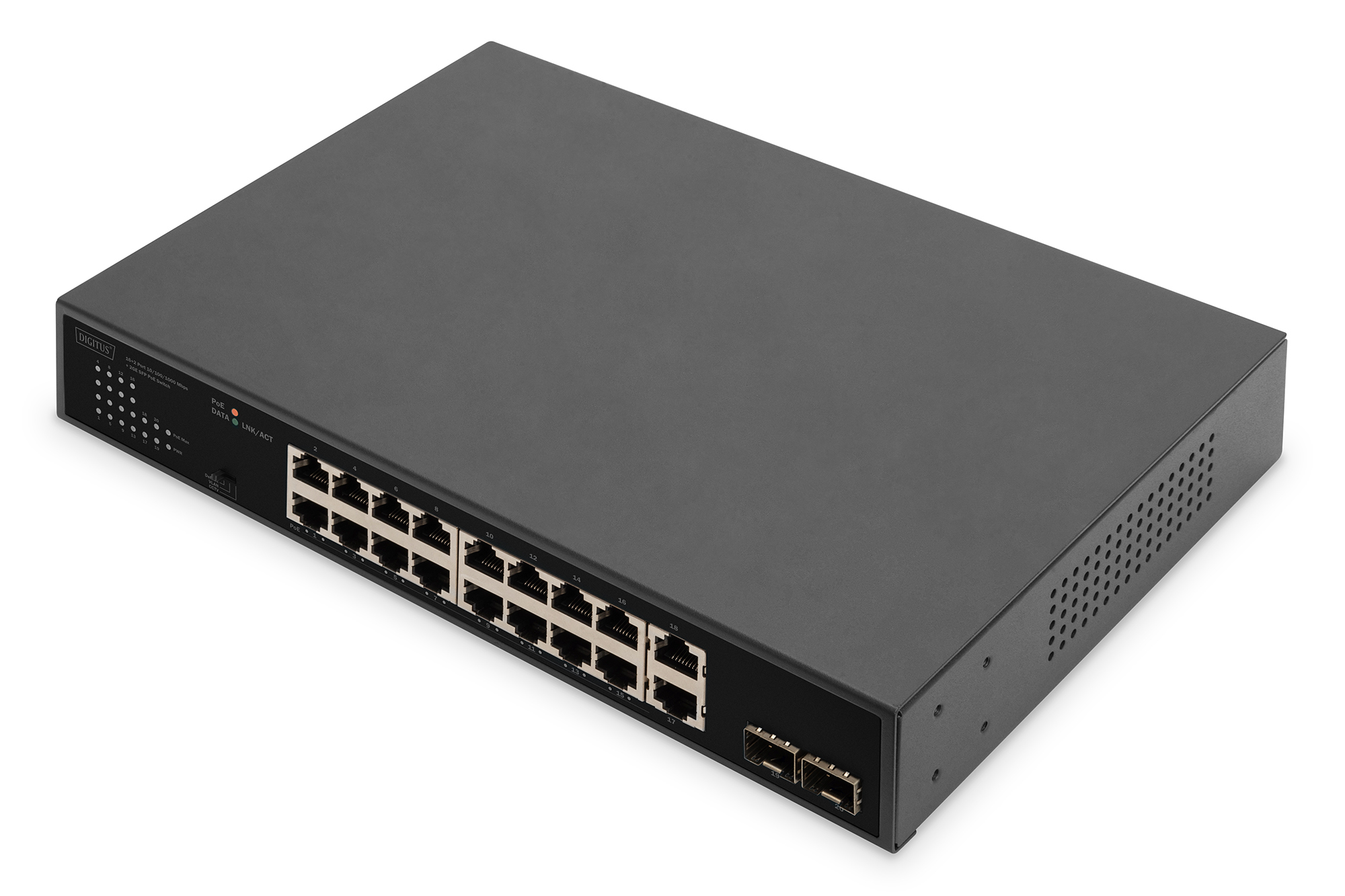 Digitus 16-Port Gigabit PoE Netzwerkswitch, 19 Zoll, unmanaged, 2 Uplink Ports, SFP